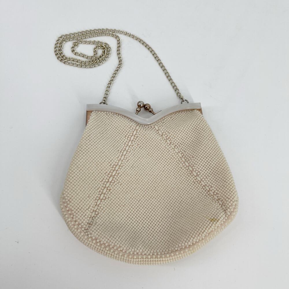 Vintage Goldco Beaded Bag Chain Strap Kiss Lock Ivory White Lucite Detail READ